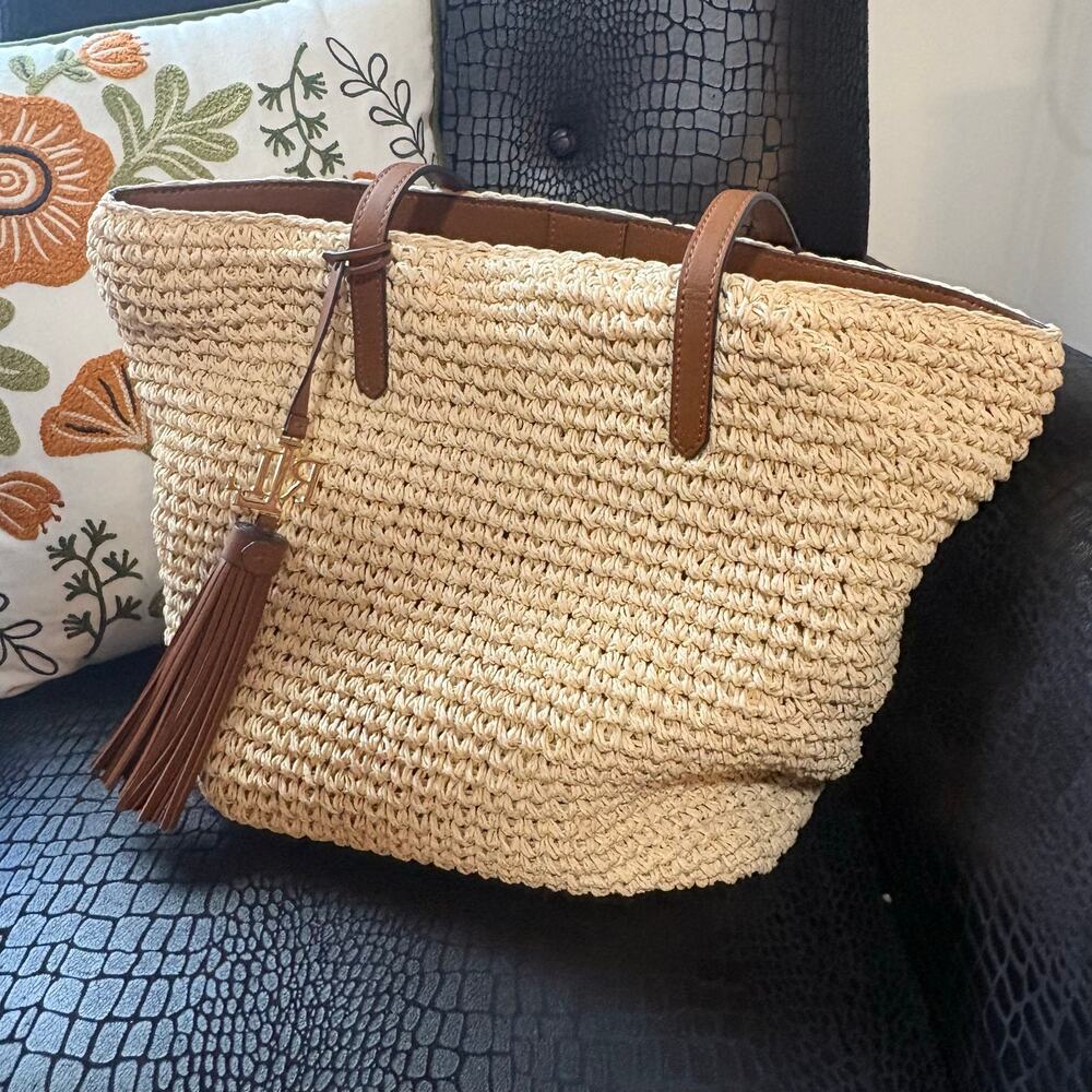 Lauren Ralph Lauren Whitney Medium Crochet Straw Tote Bag Tan Leather Tassel - Picture 2 of 16